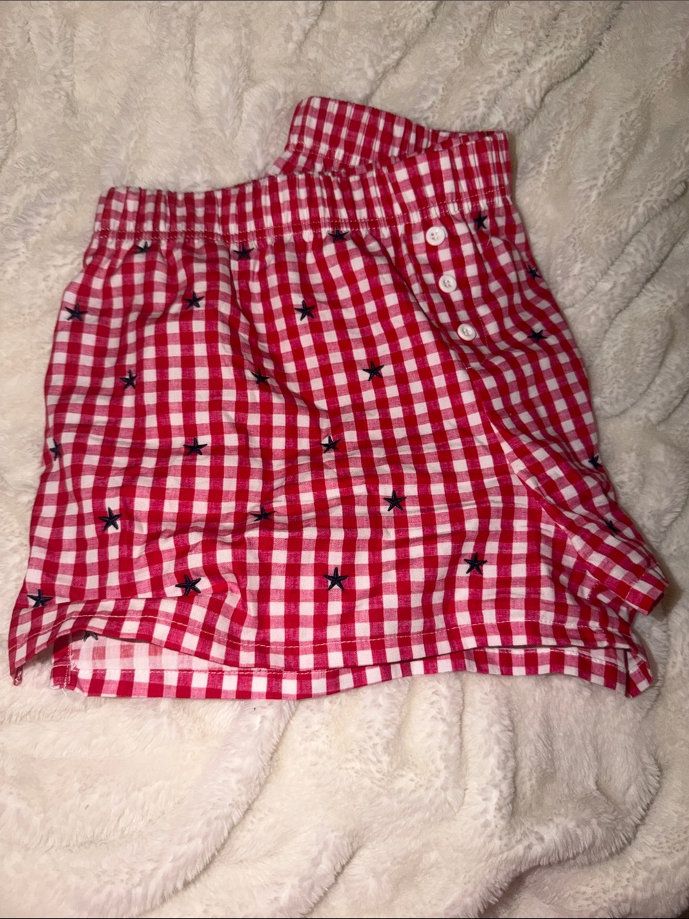 Zoe + Liv Red and White Gingham Elastic Waist Shorts with Navy Star Accents